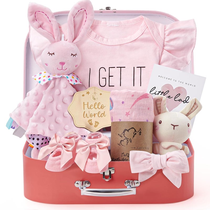 Golray Baby Shower Gifts for Girls, Baby Girl Gifts Baskets with Rattle, Blanket/Bodysuit Set, New Born Essential Stuff, Gender Reveal Ideas Infant New Born Baby Girls Gift Basket - Image 1